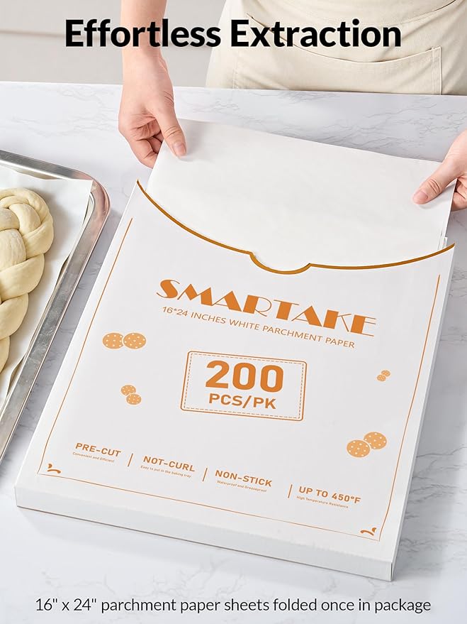 SMARTAKE 200 Pcs Parchment Paper Baking Sheets, 16x24 Inches Non-Stick Precut Baking Parchment, Suitable for Baking Grilling Air Fryer Steaming Bread Cup Cake Cookie and More (White)