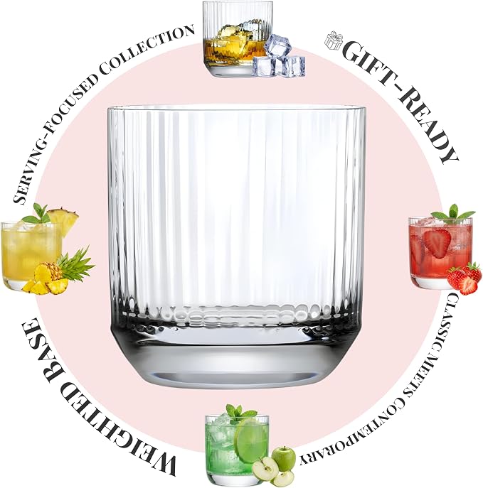 NUDE GLASS NUDE Whiskey Glasses Set of 4 SOF – 9.25 oz Lead-Free Crystal Old Fashioned Glass Big-Top
