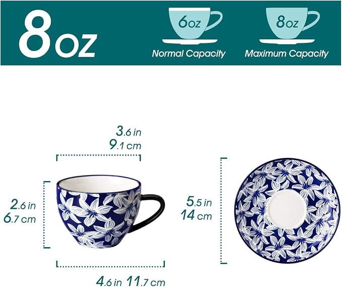 vancasso 8OZ Cappuccino Cups with Saucers, Porcelain Espresso Cups Set of 6 for Latte,Vintage Blue Coffee Cups,Tea Cup Set for Specialty Coffee Drinks, Gift, Series SELENE