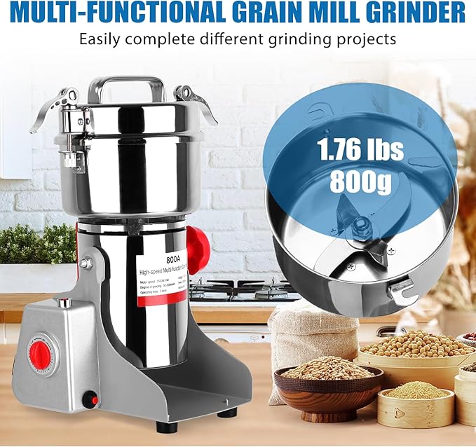 Electric Grain Mill Grinder, 800g Stainless Steel Grain Mill, 3000W High Speed Commercial Grinder Machine, Pulverizer Spice Herb for Dry Grains Cereals Coffee Corn Pepper, Swing Type