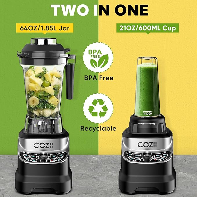 COZII Professional Blenders 2000W for Kitchen with 64oz Pitcher & 21oz To-go Cup, Quiet Blender for Smoothies/Ice Crushing/Frozen Drink/Nut Milk, 7 Preset Programs & 8 Speed Control, Dishwasher Safe