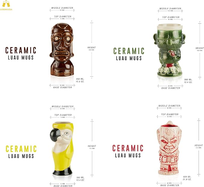 LEMONSODA Ceramic Hawaiian Tiki Glasses (Luau, Set of 4)