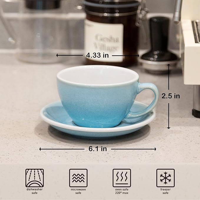 Loveramics Coffee Cup Ceramic, 10 oz Latte Art Cup with Saucer for Cappuccino, Tea, Espresso, Thick - walled stoneware Cappuccino mug Set for Cafe and Barista - Potters Colours (Ice Blue, 10OZ)