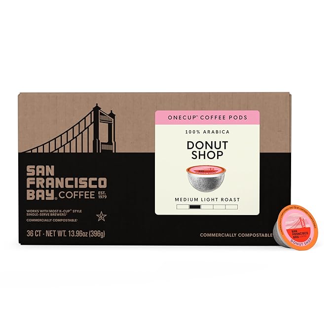 San Francisco Bay K-Cup Coffee Pods, Donut Shop (36 ct), Medium-Light Roast, Commercially Compostable Single-Serve Coffee Pods