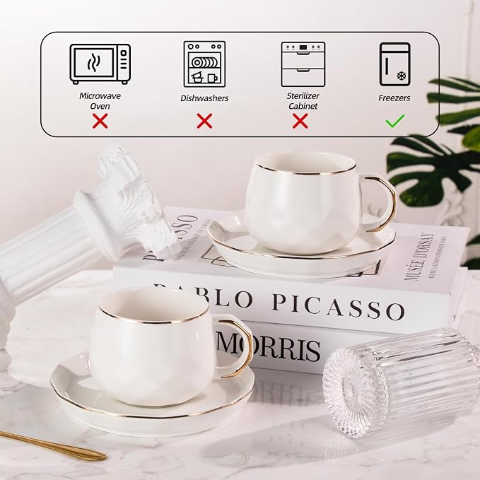 KAMMAK Tea Cups and Saucers Set of 2, 7.1oz Porcelain Coffee Cups with Saucers, Ceramic Espresso Mugs for Coffee, Latte, Americano, Tea, Elegant Teacup and Saucer (YFH5)