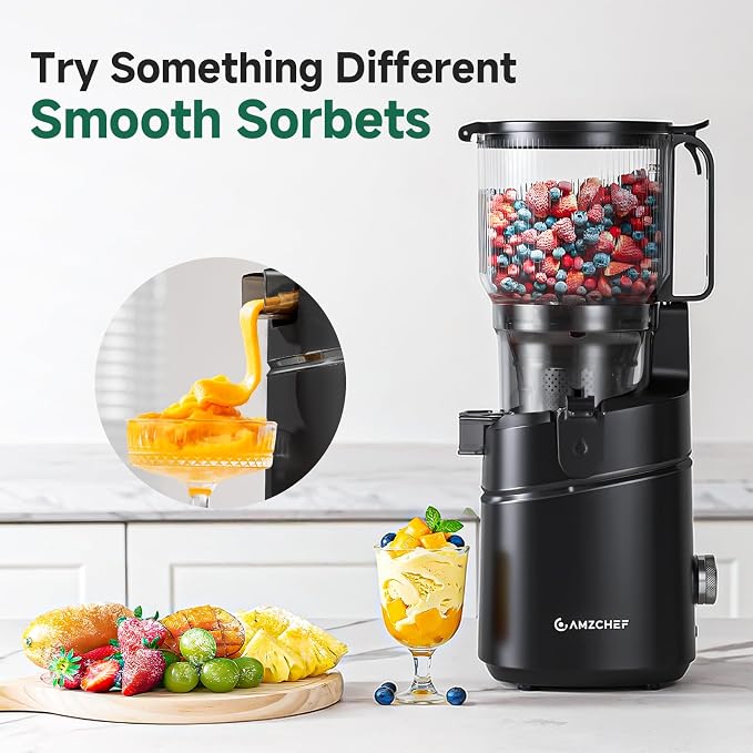 AMZCHEF Cold Press Juicer – 6.5" Wide Mouth Hopper for Whole Recipe Loading, Self Feeding for Hands-Free Operation, Zero Waste Masticating Juicer For More Juice, Less Pulp – Triple Strainers