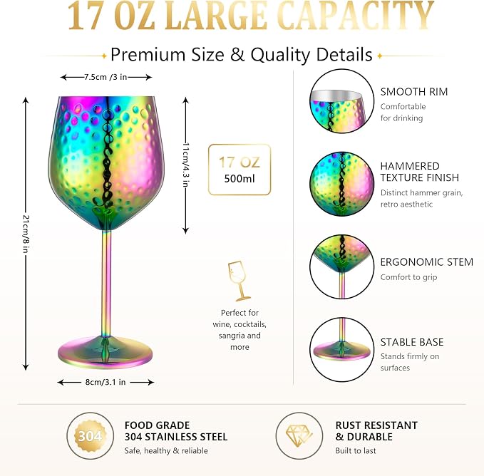 UNISWEET Stainless Steel Wine Glasses Set of 4 Unbreakable (Colorful) | 17 oz Large-capacity Hammered Goblets, Lightweight & Reusable, Good for Outdoor, Camping, Pool Travel, Gift for Wine Lovers