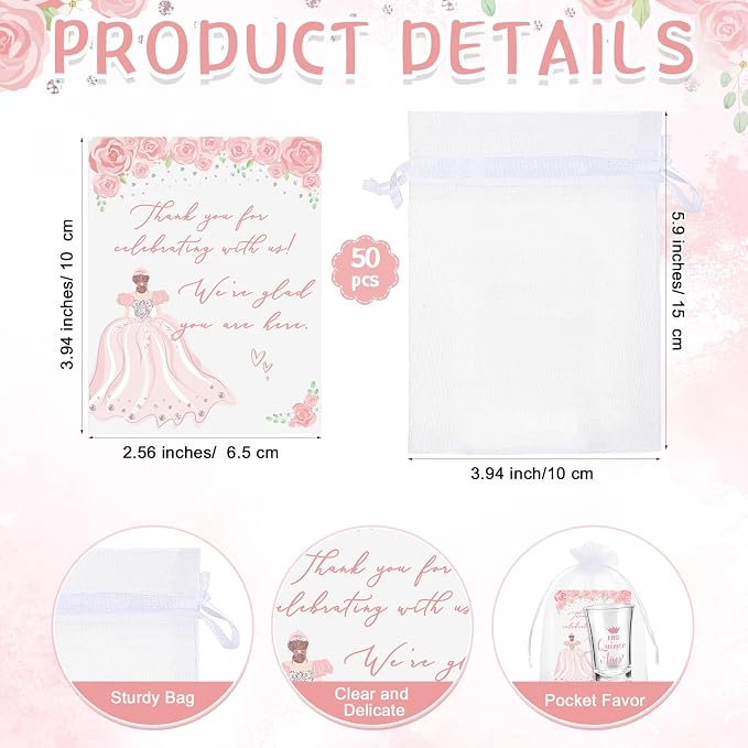 Havawish 50 Sets Quinceanera Party Favors for Guests Quinceanera Acrylic Clear Personalized Shot Glasses Thank You Cards with Organza Bags Mis Xv Años Sweet 15 Birthday Party Favors (Pink)