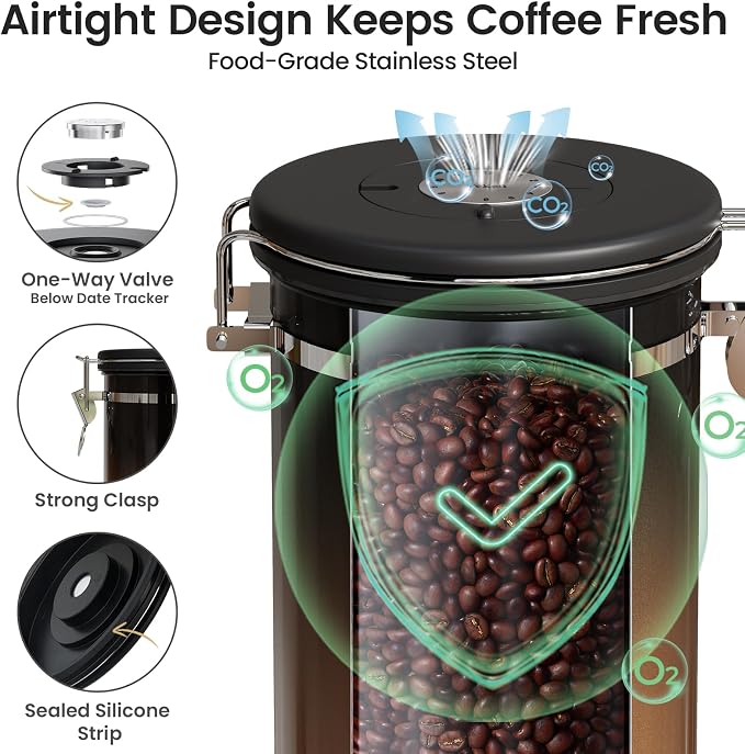 Veken Coffee Canister with Window,Airtight Stainless Steel Kitchen Food Storage Container, Date Tracker & Scoop for Grounds Coffee, Beans, Tea,Flour,Cereal,Sugar,22OZ,Copper