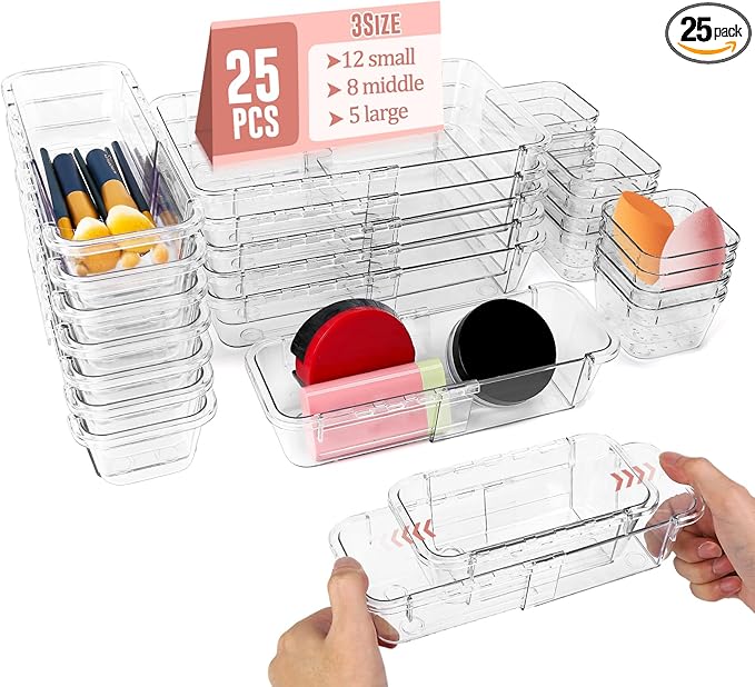 IAMGlobal 25PCS Extendable Clear Drawer Organizer, 3-Size Adjustable Vanity Drawer Organizer for Makeup, Cosmetic, Stackable Acrylic Storage Bins for Bathroom, Kitchen, Office