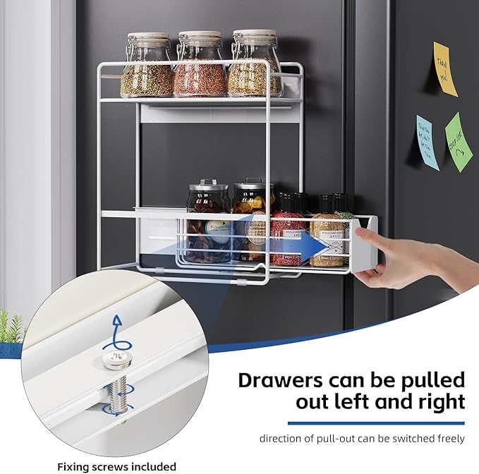 CABTE 2 Tier Magnetic Shelves for Washing Machine with Pull Out Metal Drawer,Magnetic Spice Rack for Fridge,Magnetic Rack with no Installation, Versatile Storage Organizers for Home (White, 2 Tier)