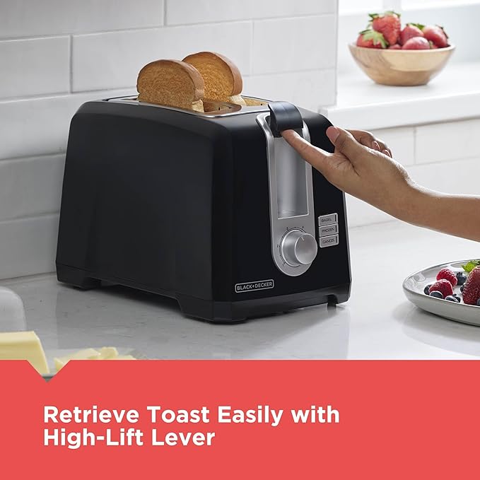 BLACK+DECKER 2-Slice Toaster, Extra Wide Slots for Bagels & Thick Bread, 6 Browning Settings, Removable Crumb Tray, Cancel Button, 850W, Black (Pack of 2)