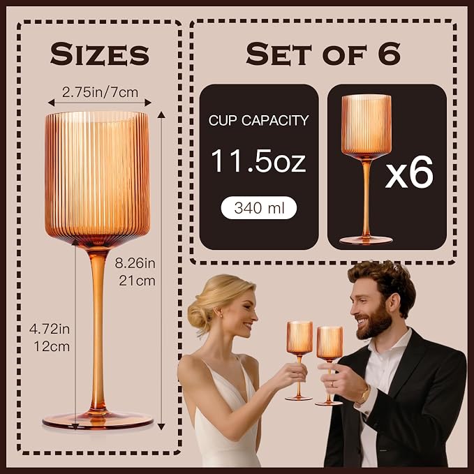Amber Colored Square Wine Glasses Set of 6, Elegant Ribbed Design Amber Crystal Glassware with Long Stem, 11.5oz Hand Blown Red & White Wine Stemware For Home Dinner Party Wedding Housewarming Gift