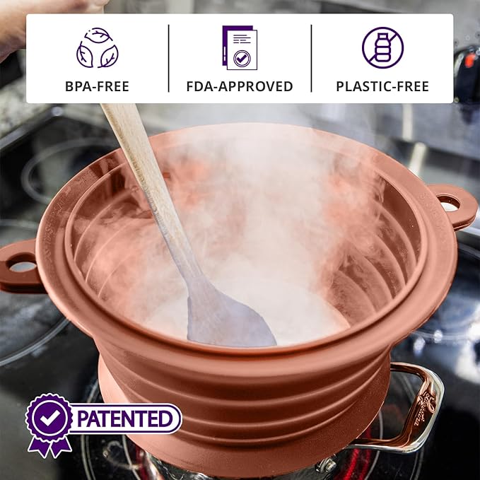 L.I.Q Silicone Splatter Guard – Fits 10 and 12 Inch Pots (25 and 30 Centimeters) – Microwave Safe and Durable SplatterDom - Includes 10” Lid - Food and Oil Splash Guard (Terra Cotta, Large)