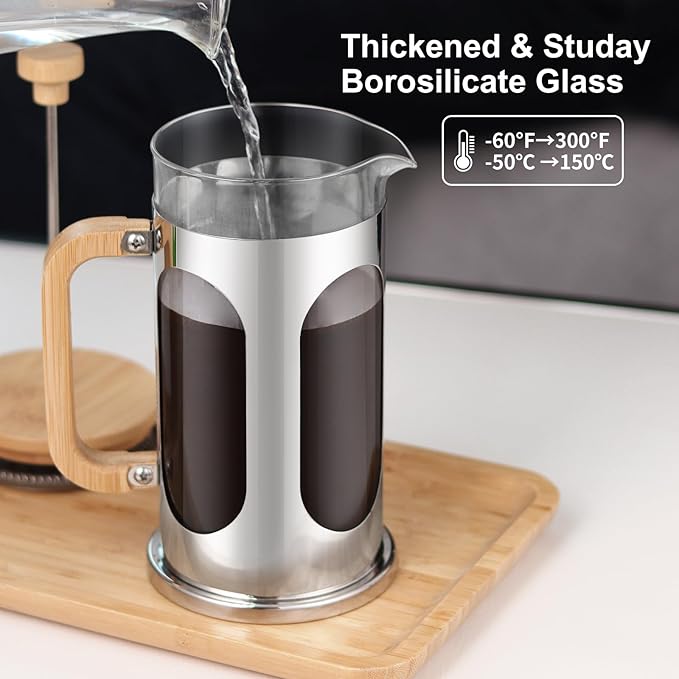 Sivaphe No-Plastic French Press Coffee Maker 34 oz, Borosilicate Glass Bamboo Lid and Handle Coffee Tea Press 8 cup, 1000ml Coffee Milk Forther with Stainless Steel Holder and Resuable Filters
