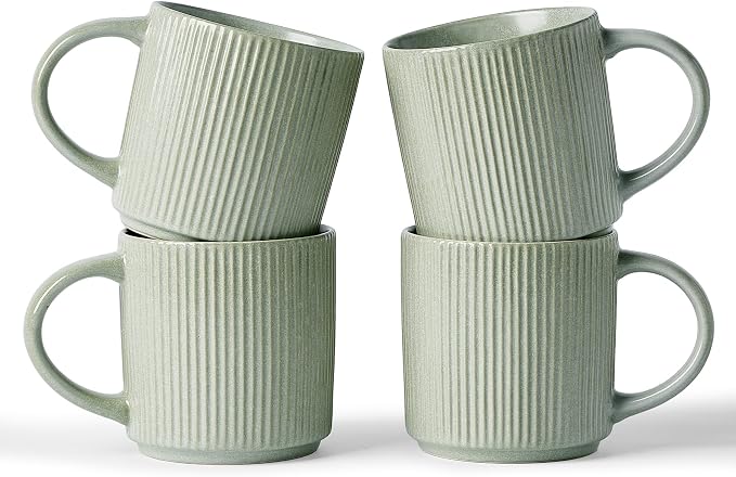 famiware Coffee Mug Set for 4, Star 12 oz Catering Mugs Cup Set with Handle for Coffee, Tea, Cocoa, Milk - Ceramic Stoneware Drinkware Set, Matte Green