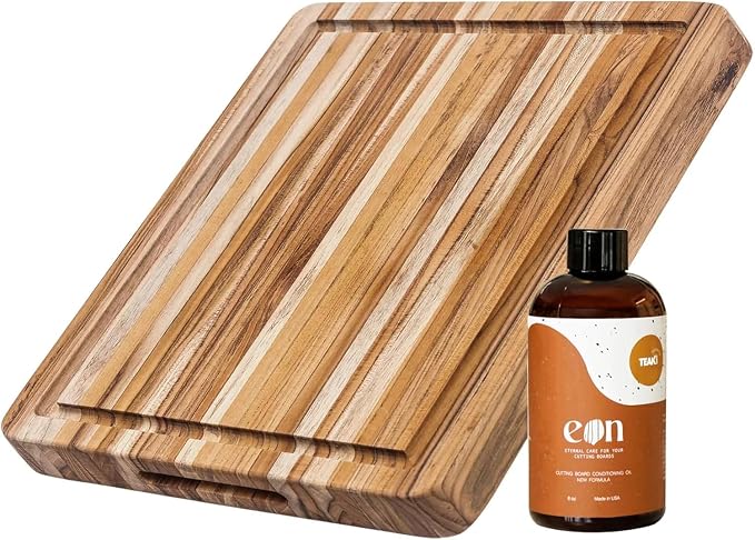 Teakhaus Carving Board and EON Cutting Board Oil Set - Small (S) Teak Wood Cutting Board with Juice Groovel & Food-Grade Mineral Oil - 16”L x 12”W x 1.5” Thick - FSC Certified