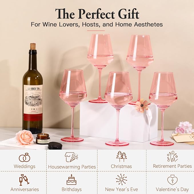 Pink Wine Glasses Set of 6, Handblown Colored Wine Glasse,Pink Coloful Glassware,17OZ for Red or White Wine,Wedding Gift, Anniversary, Christmas, Mothers Day Gifts,Gifts for My Wife