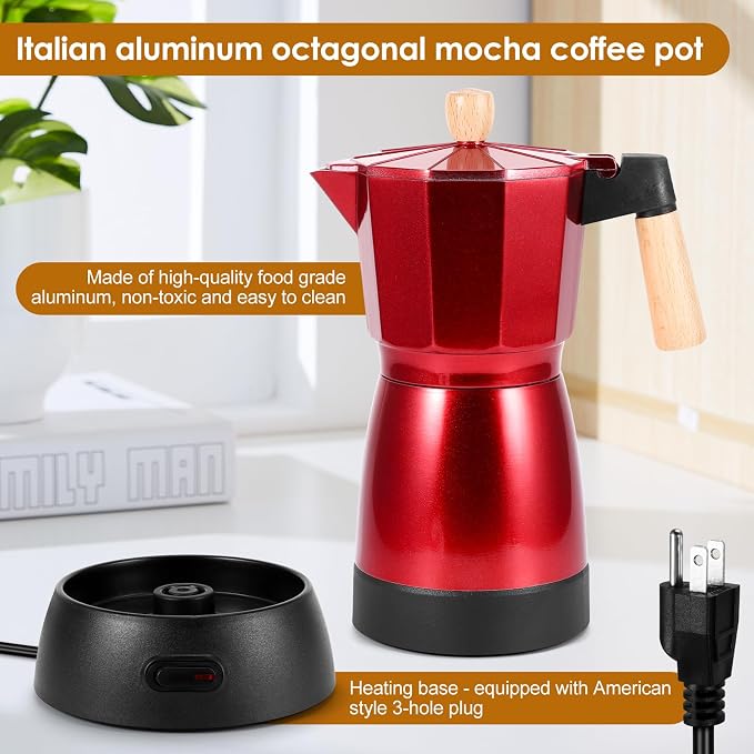 Moka Pot Electric Espresso Coffe Maker, 300ml 6 Cups Portable Coffee Pot with Overheat Protection and Detachable Base, Electric Espresso Maker, 450W, Red
