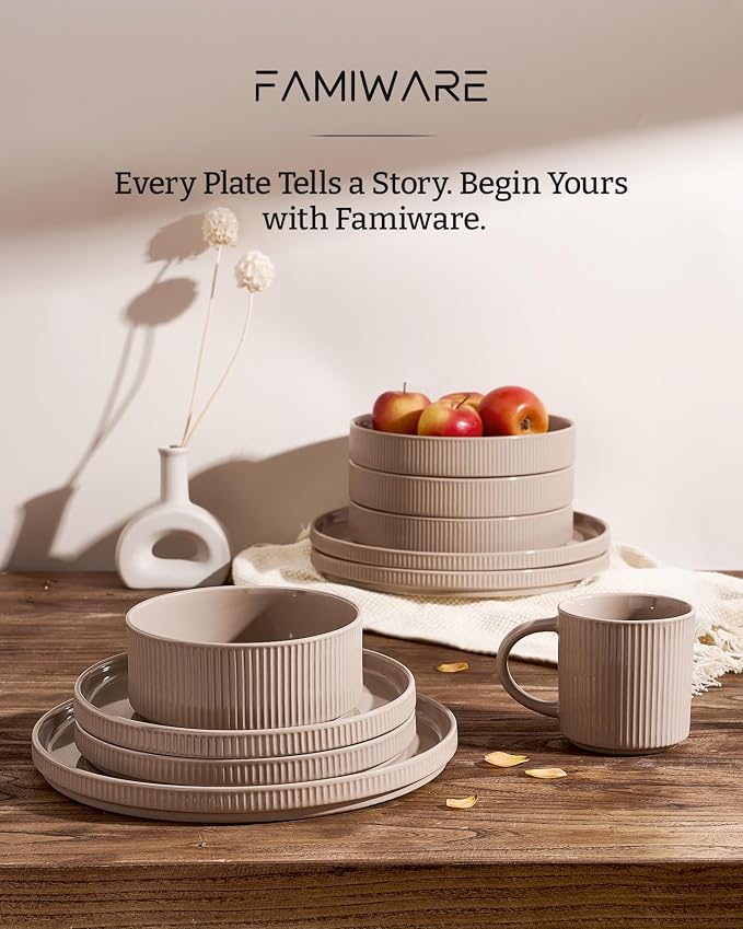 Famiware Star 18-Piece Stoneware Dinnerware Set for 6 – Brown, Ceramic Ribbed Plates and Bowls – Modern Rustic Dishes, Everyday & Formal Use – Chip & Scratch Resistant, Microwave & Dishwasher Safe