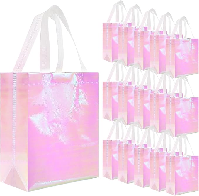 Eccliy Reusable Gift Bags Set Glossy Grocery Gift Tote Bag with Handle for Wedding, Bridal Shower, 4th of July, Summer Event(10 x 8 x 4.7 Inch,Holographic Pink,80 Pcs)