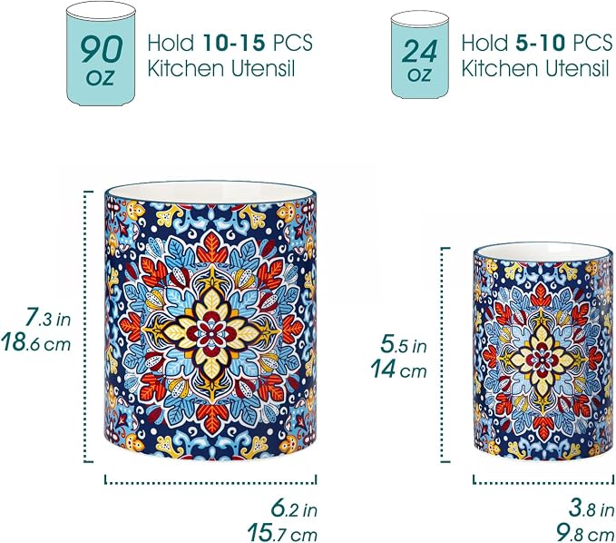 vancasso SIMI Utensil Holder, 7.3"+5.5" Porcelain Kitchen Utensil Holder for Countertop, Bohemian Kitchen Utensil Organizer for Spatulas, Spoons, Decorative Counter Utensil Crock, Twilight Bloom