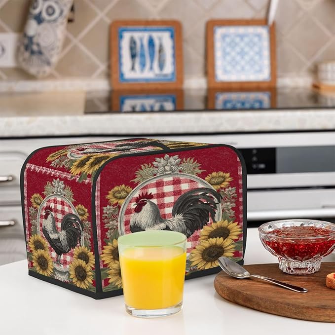 Red Retro Rooster 2 Slice Toaster Cover Dust And Fingerprint Bread Maker Cover Bakeware Protector Washable Appliance Covers Kitchen Accessories For Home Kitchen Women Gift