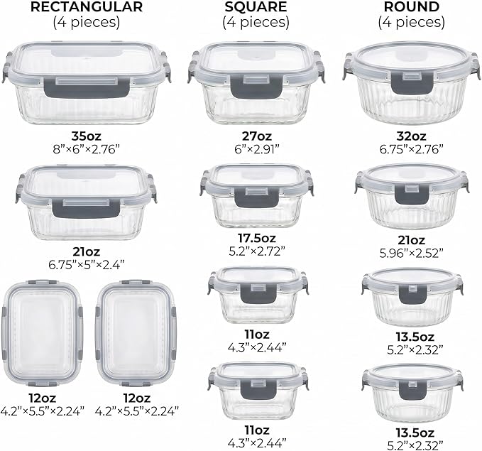 Glass Food Storage Containers with Lids, 12 Piece Glass Meal Prep Containers Set, Airtight Leakproof Snap Lock Lids, BPA-Free, Freezer Microwave Oven Dishwasher Safe, Ribbed Glass Containers