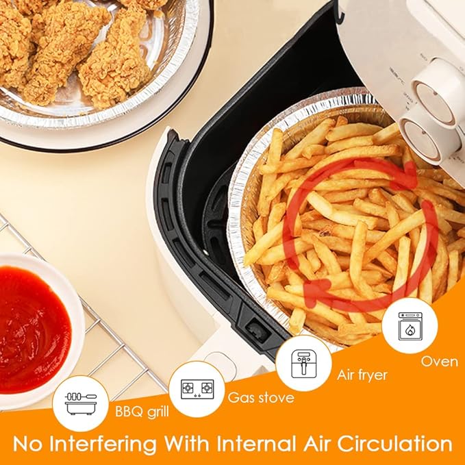 Non-Stick Round Disposable Air Fryer Aluminum Foil Liners 50PCS, Oil-Proof Aluminum Foil Tin Box Also for Steamer Basket Instant Pot Oven & Grill (9 Inch)