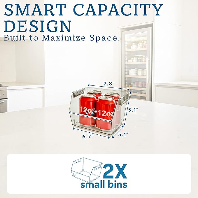 HOMESTEAD Set of 2 Small Stackable Storage Bins, Clear Plastic Organizer Bins, Open Front Design for Kitchen Pantry, Fridge, Cabinet, Bathroom and Snack Organization