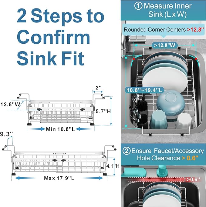 GSlife Expandable Over The Sink Dish Drying Rack - Stainless Steel Heavy Duty in Sink Dish Drainer with Square Corners, Rust Resistant with Lock Knob, Fit for Modern Single & Double Sinks, Black