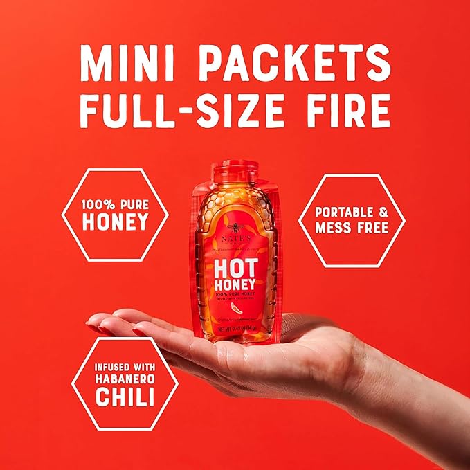 Nate's Bulk 400ct Hot Honey Minis - Single-Serve 100% Pure Honey Infused with Habanero Chili Pepper – 0.49oz Packets, 400ct box