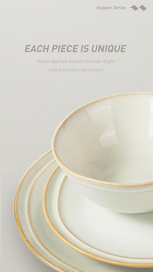 Famiware Aegean Stoneware Dinnerware Set for 4, Plates and Bowls Sets, 12-Piece Scratch-Resistant Dinner Plate Set, Handmade Irregular Round Dishes - Microwave and Dishwasher Safe, Cappuccino White