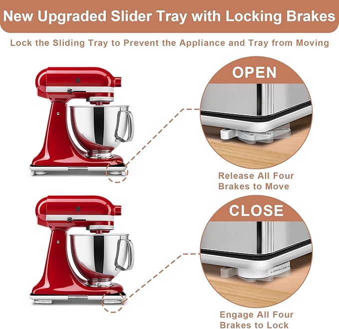 Adjustable Appliance Slider Tray - Expandable 6" x 11"- 11" x 20" Sliding Tray for Kitchen Appliances - 360° Countertop Rolling Tray with Locking Brakes for Coffee Makers Mixers