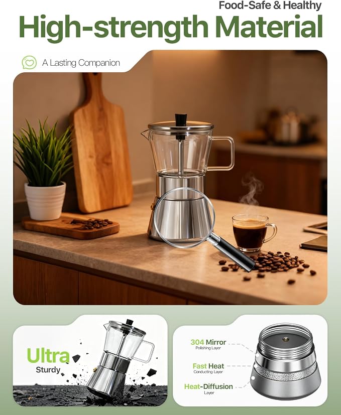Grasseed Crystal Glass-Top Moka Pot, Polished Stainless Steel Stovetop Espresso Maker for Italian Coffee, Gift for Coffee Lovers - 6 Cup/240ml/8.4oz