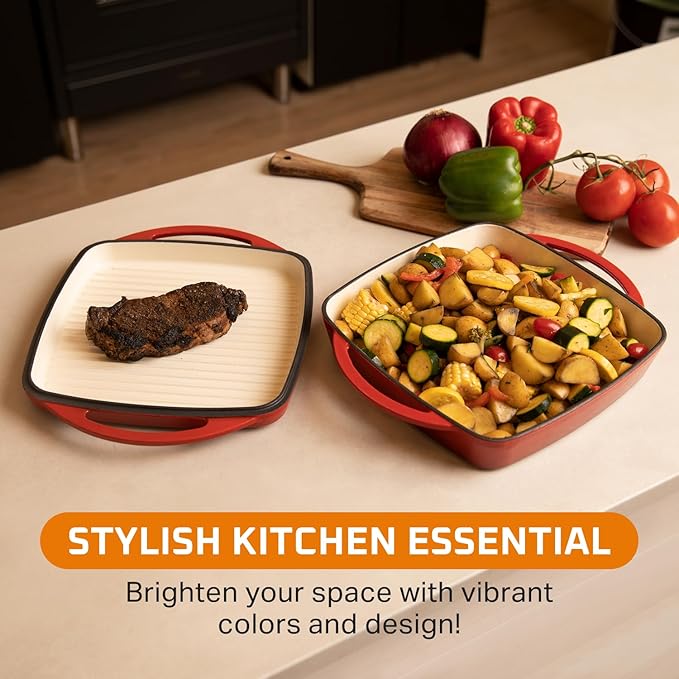 Bruntmor 2-in-1 Square Enameled Cast Iron Dutch Oven Baking Pan and Gridle Lid with Dual Handles, Cast Iron Skillet lid, Coating Gridle for baking, bacon,Steaks - Red
