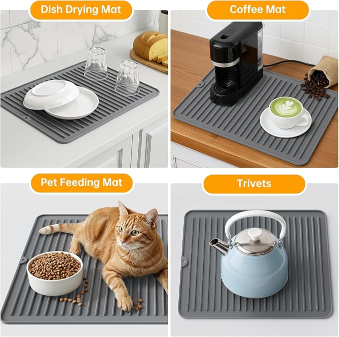 Songrey 28" x 18" Silicone Dish Drying Mat, Kitchen Counter Drying Pad for Sink Dishes or Under Rack, Multi-Use as Heat Resistant Trivet, Coffee Bar Mat