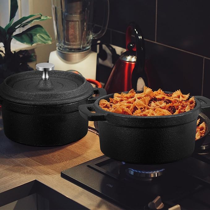 4 Pcs Mini Dutch Oven, 500F Small Round Iron Cocotte Black Dutch Oven Pot with Lid and Dual Handles Cast Iron Pot for Stovetop Use Marinate Cook Bake Refrigerate, Individual Servings(17 oz)