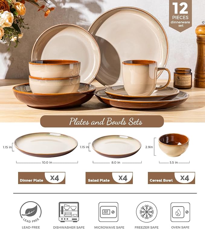 LERATIO Ceramic Dinnerware Sets for 4, 12 Pieces Ceramic Plates and Bowls Sets, Scratch Resistant Dish Set, Oven, Microwave & Dishwasher Safe-Pale Kahki