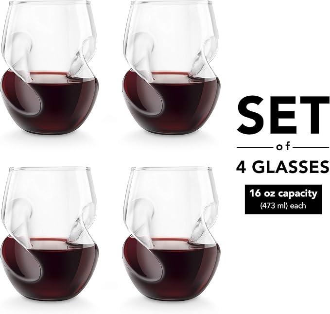 Final Touch Conundrum Red Wine Glasses - Set of 4 Stemless Handcrafted Glasses - 16 Ounce - Curves for Comfortable Holding - Dishwasher Safe (GG5009)