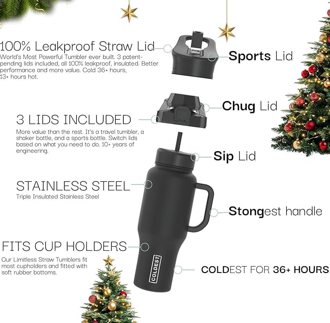 Coldest Tumbler with Handle and Straw, 100% Spill Proof Tumbler with Straw (3 Lids), Stainless Steel Insulated Leakproof Tumblers for Women Men, Cup Holder Friendly, 46 oz (Almond Blossom)