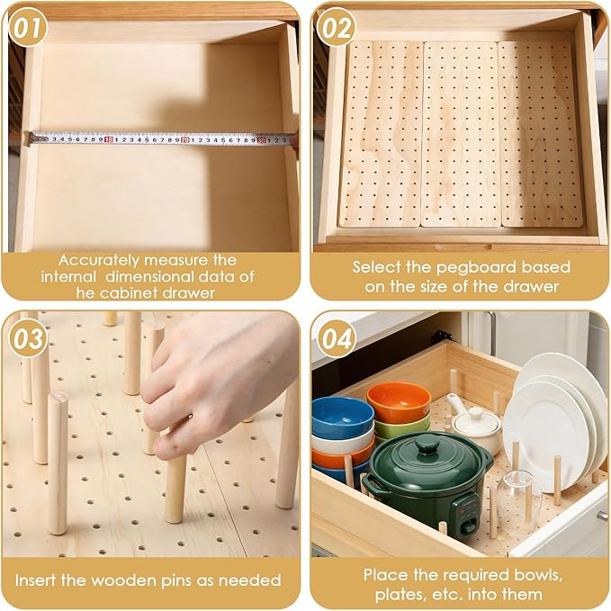4 Pcs Pegboard Drawer Organizer with 48 Pegs, 20.98x5.91 Inch Wooden Peg Board Kitchen Plate Organizer for Drawer Pegboard Storage Rack with Adjustable Peg for Tableware, Plate, Bowl, Cookware