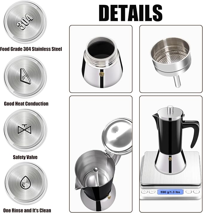 4 Cup Thickened 304 Stainless Steel Moka Pot Stovetop Espresso Maker Cafeteras Italian Percolator Espress Makers Capable Greca Mocha Coffee Machine for Induction Home and Camping 200ml 6.6oz