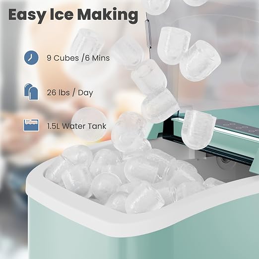 DUMOS Countertop Ice Maker with Handle, 26lbs/24H, Makes 9 Bullet Cubes in 6 Mins, Auto-Cleaning, Portable Ice Machine for Home Kitchen RV Camping, Green
