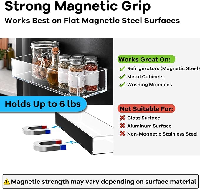 4 Pack Acrylic Spice Racks for Refrigerator and Oven, Magnetic Fridge Organizers and Storage, Clear
