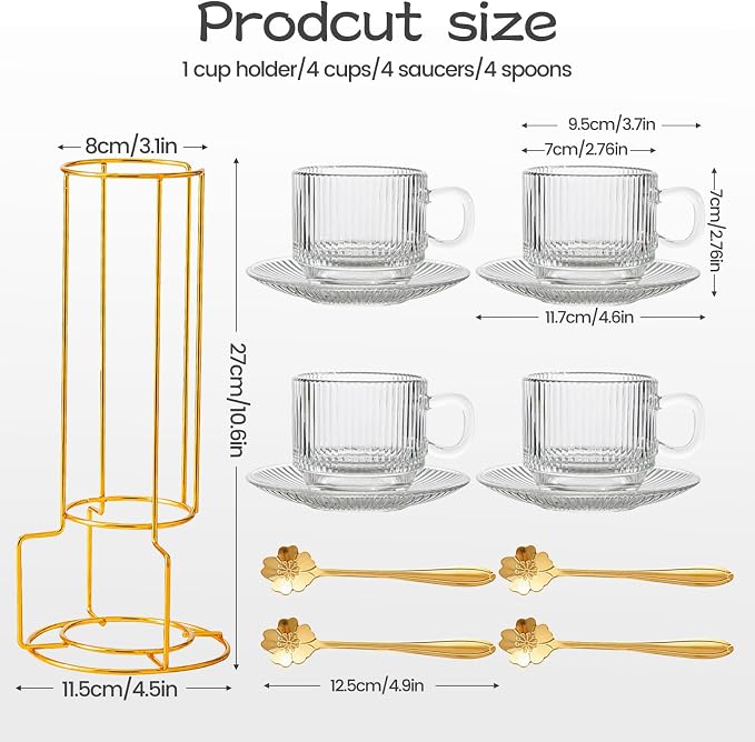 5.4 oz Espresso Cups Set of 4,Clear Glass Coffee Cups with Saucers Spoons and Cup holder,Stackable Small Cup for Espresso,Latte,Cappuccino,Tea