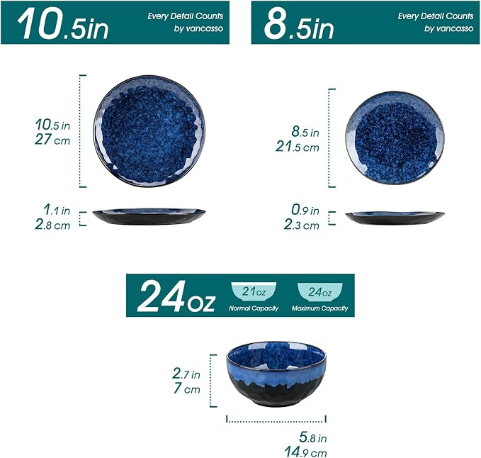 vancasso Starry Dinnerware Set for 4, Handmade Reactive Glaze Stoneware 12 Pieces Plates and Bowls Sets, Dishwasher and Microwave Safe Dish Set, Blue