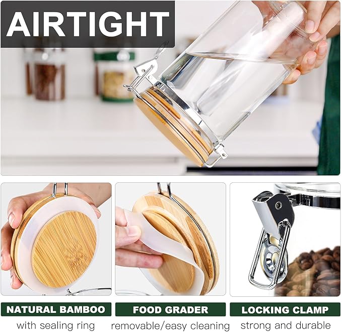 KKC Airtight Glass Nut Storage Jar with Spoon (50 oz / 1.5L) – Large Food Canister with Bamboo Lid for Nuts, Walnuts, Cashews, Almonds – Keeps Snacks Crunchy – Pantry Organization Container