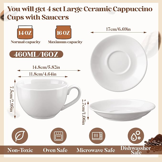4 Set 16 oz Cappuccino Cups with Saucers Large Ceramic Coffee Mugs White Espresso Cup and Saucer Set Heavyweight Porcelain Housewarming Gift for Tea Espresso Latte Kitchen Cafe