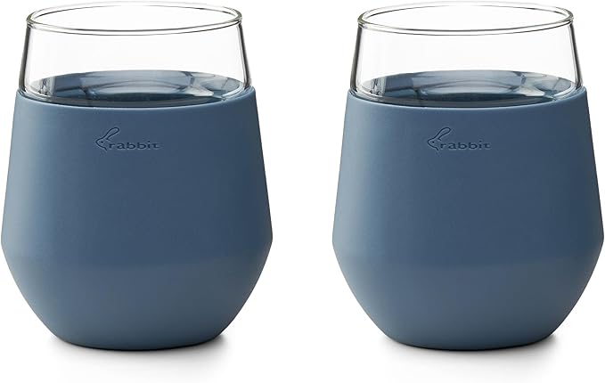 Rabbit Freezable Wine Glass Set of 2 - Insulated Stemless Cooling Glasses with Freezer Gel Packs and Silicone Sleeves, Keeps White Wine & Rosé Cold for Hours, Blue Gift Set